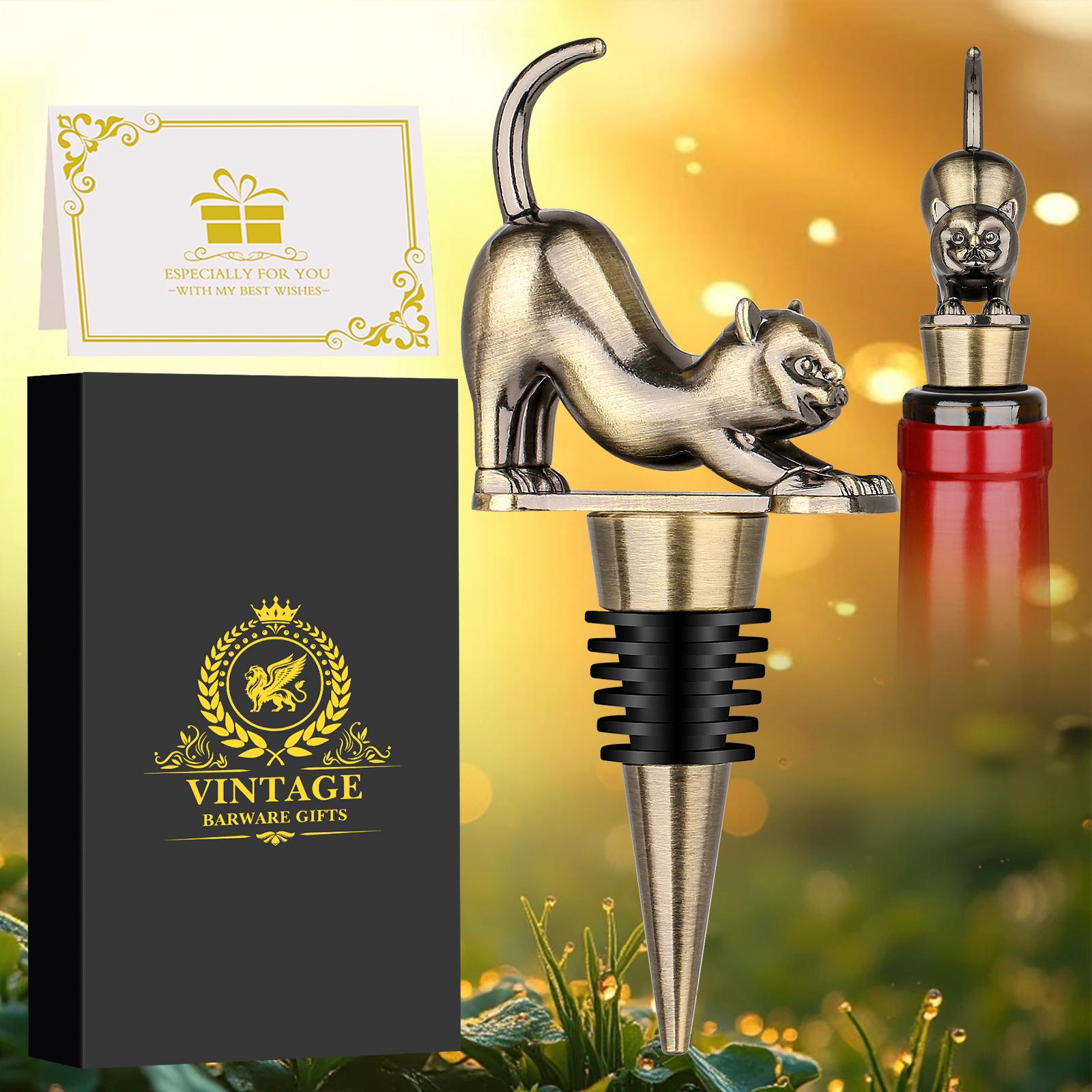 Elegant Upturned Cat Shaped Red Wine Stopper Set With Metallic Luster Bottle Stopper Gift Box,