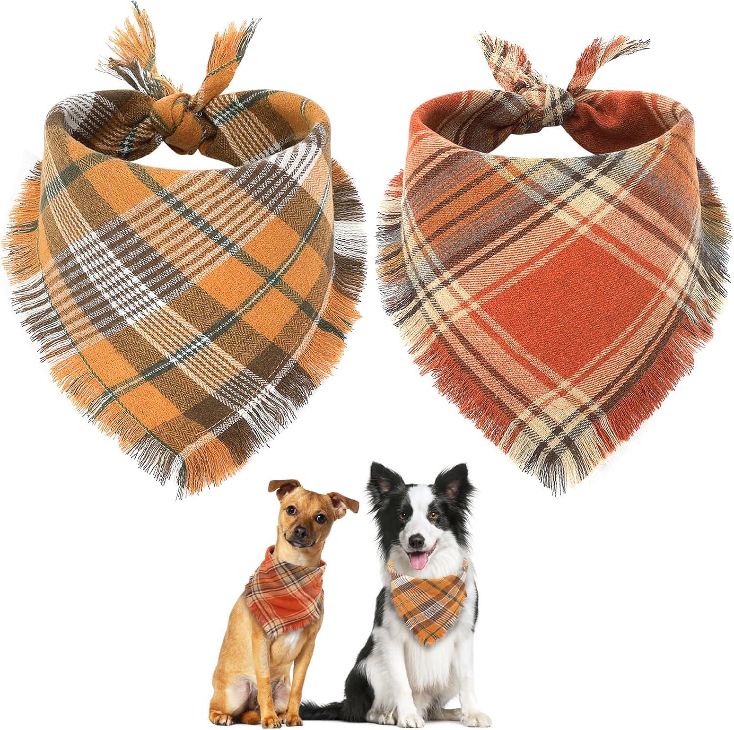 Fall Dog Bandana With Tassels Edges Classic Plaid Triangle Apparel Accessories